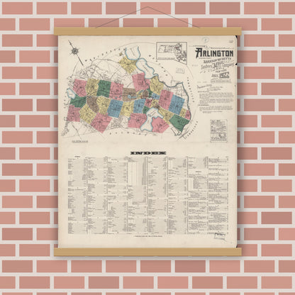 Old map wall art mockup — magnetic wood frame on brick wall — Sanborn Fire Insurance Map from Arlington, Middlesex County, Massachusetts (1922) - Complete Map Set