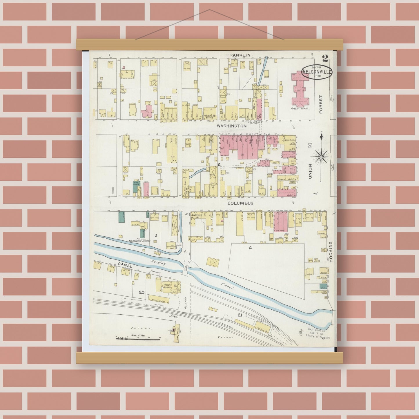 Old map wall art mockup — magnetic wood frame on brick wall — Sanborn Fire Insurance Map from Nelsonville, Athens County, Ohio (1893), Sheet #0002