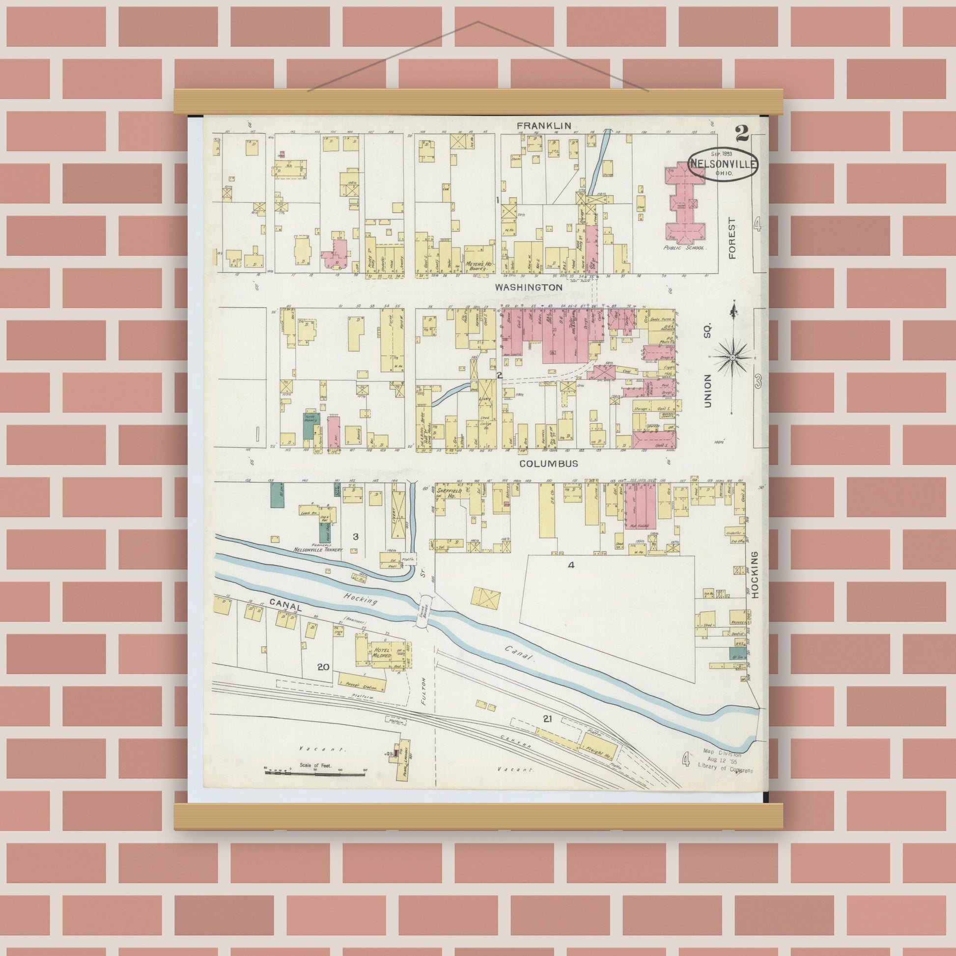 Old map wall art mockup — magnetic wood frame on brick wall — Sanborn Fire Insurance Map from Nelsonville, Athens County, Ohio (1893), Sheet #0002