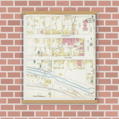 Old map wall art mockup — magnetic wood frame on brick wall — Sanborn Fire Insurance Map from Nelsonville, Athens County, Ohio (1893), Sheet #0002