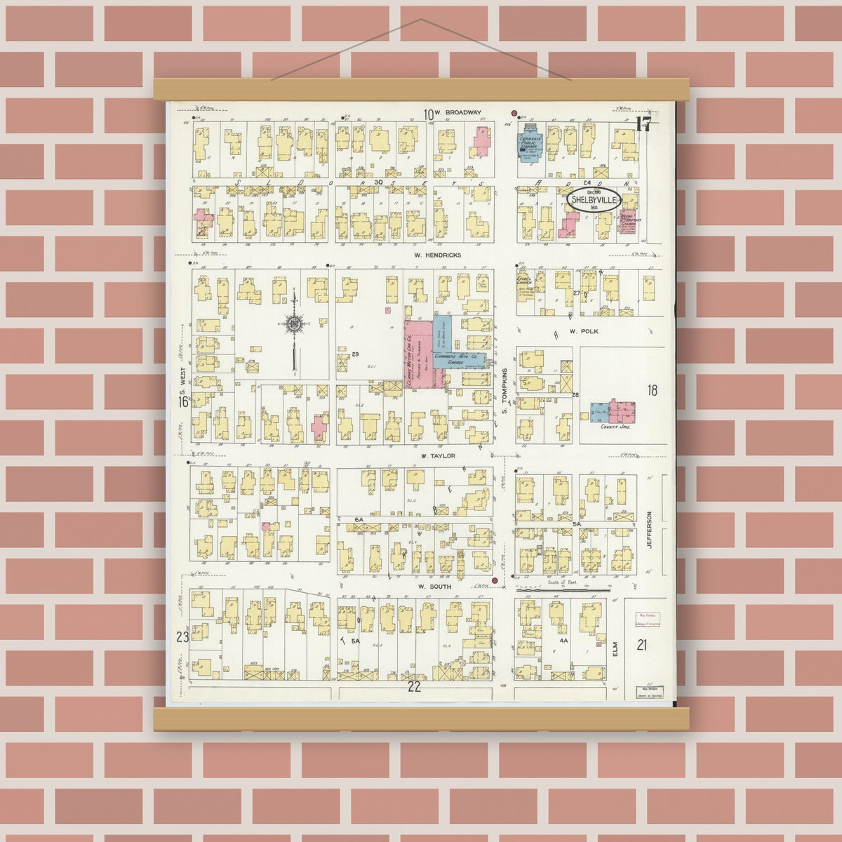 Old map wall art mockup — magnetic wood frame on brick wall — Sanborn Fire Insurance Map from Shelbyville, Shelby County, Indiana (1910), Sheet #0017