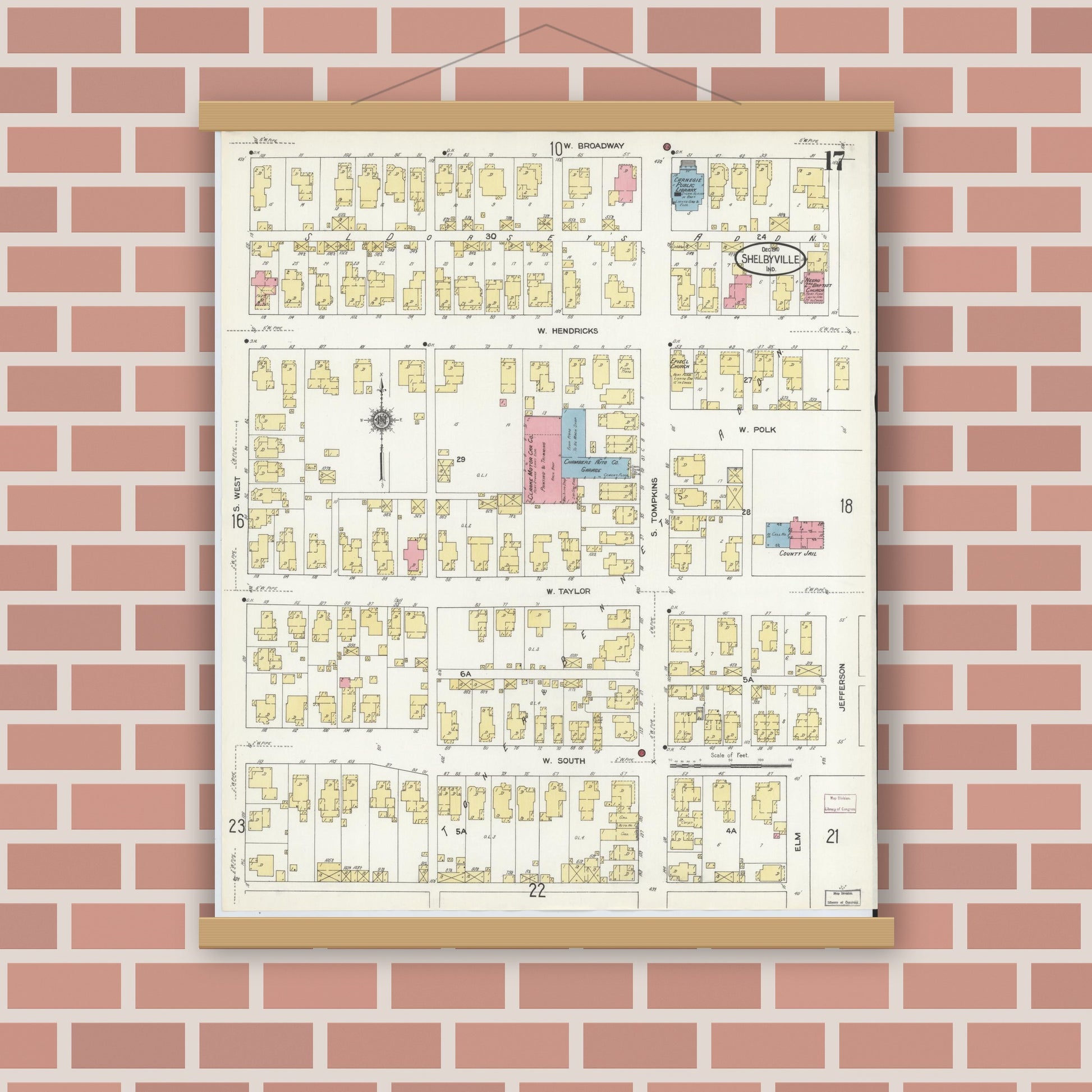 Old map wall art mockup — magnetic wood frame on brick wall — Sanborn Fire Insurance Map from Shelbyville, Shelby County, Indiana (1910), Sheet #0017