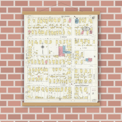 Old map wall art mockup — magnetic wood frame on brick wall — Sanborn Fire Insurance Map from Shelbyville, Shelby County, Indiana (1910), Sheet #0017