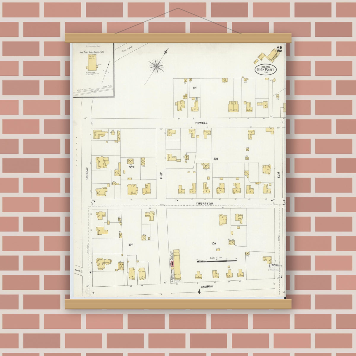 Old map wall art mockup — magnetic wood frame on brick wall — Sanborn Fire Insurance Map from High Point, Guilford County, North Carolina (1906), Sheet #0002