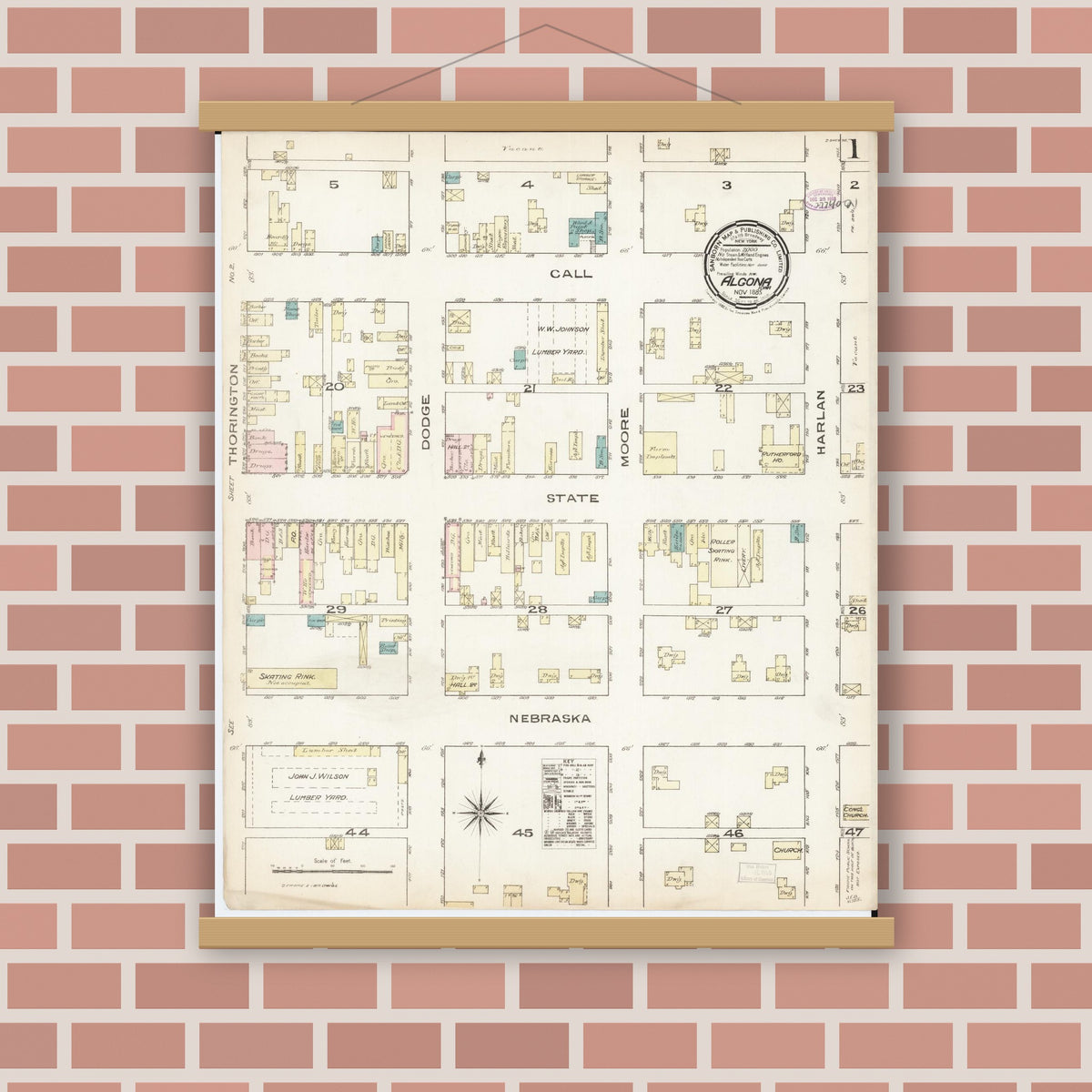 Old map wall art mockup — magnetic wood frame on brick wall — Sanborn Fire Insurance Map from Algona, Kossuth County, Iowa (1885) â€” Complete Set