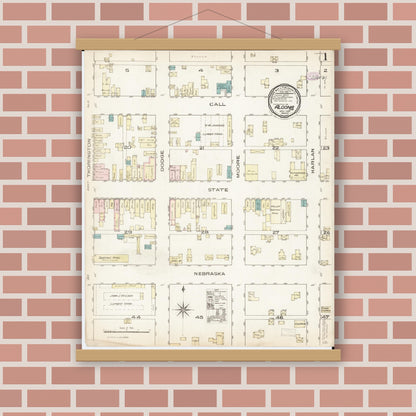 Old map wall art mockup — magnetic wood frame on brick wall — Sanborn Fire Insurance Map from Algona, Kossuth County, Iowa (1885) â€” Complete Set