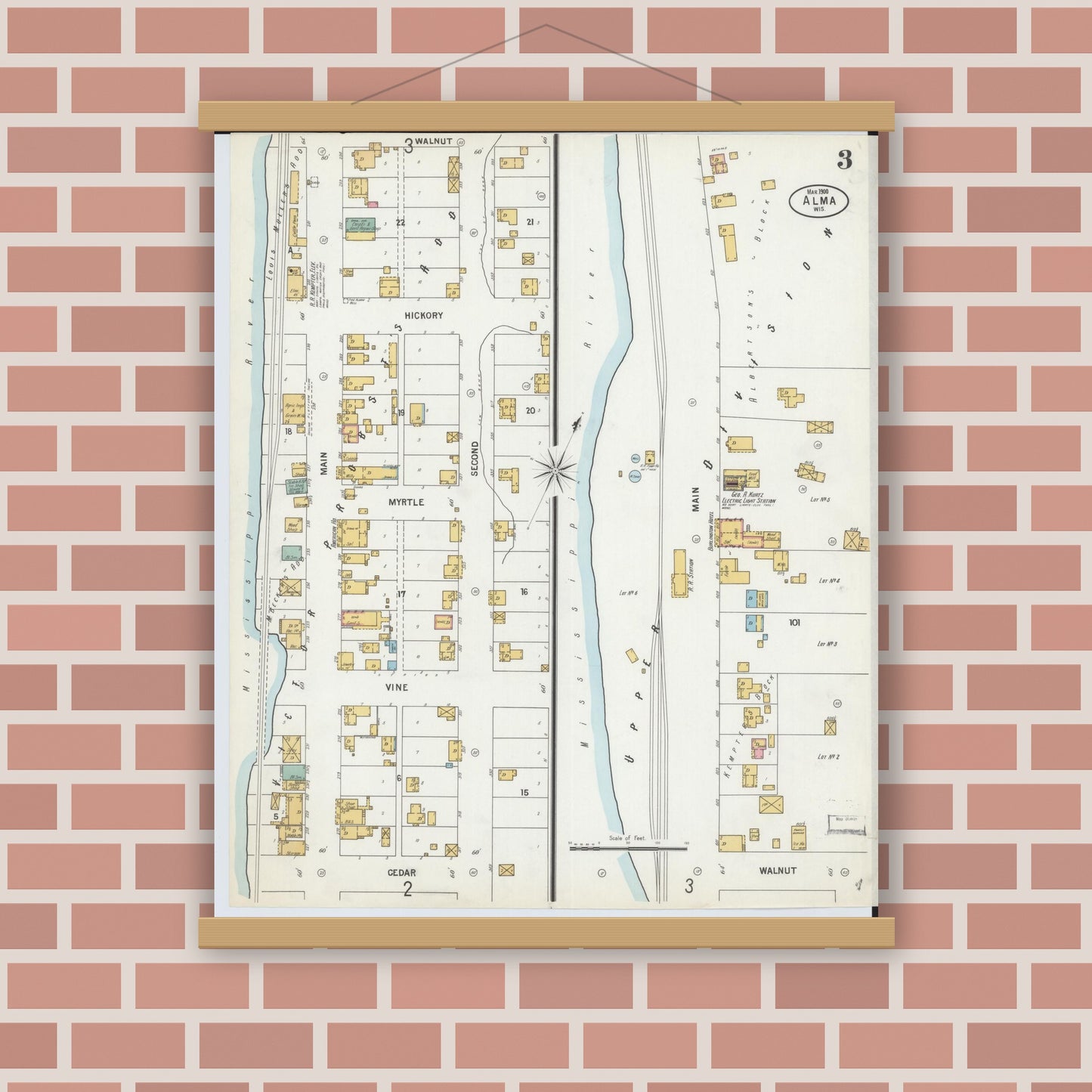 Old map wall art mockup — magnetic wood frame on brick wall — Sanborn Fire Insurance Map from Alma, Buffalo County, Wisconsin (1900), Sheet #0003