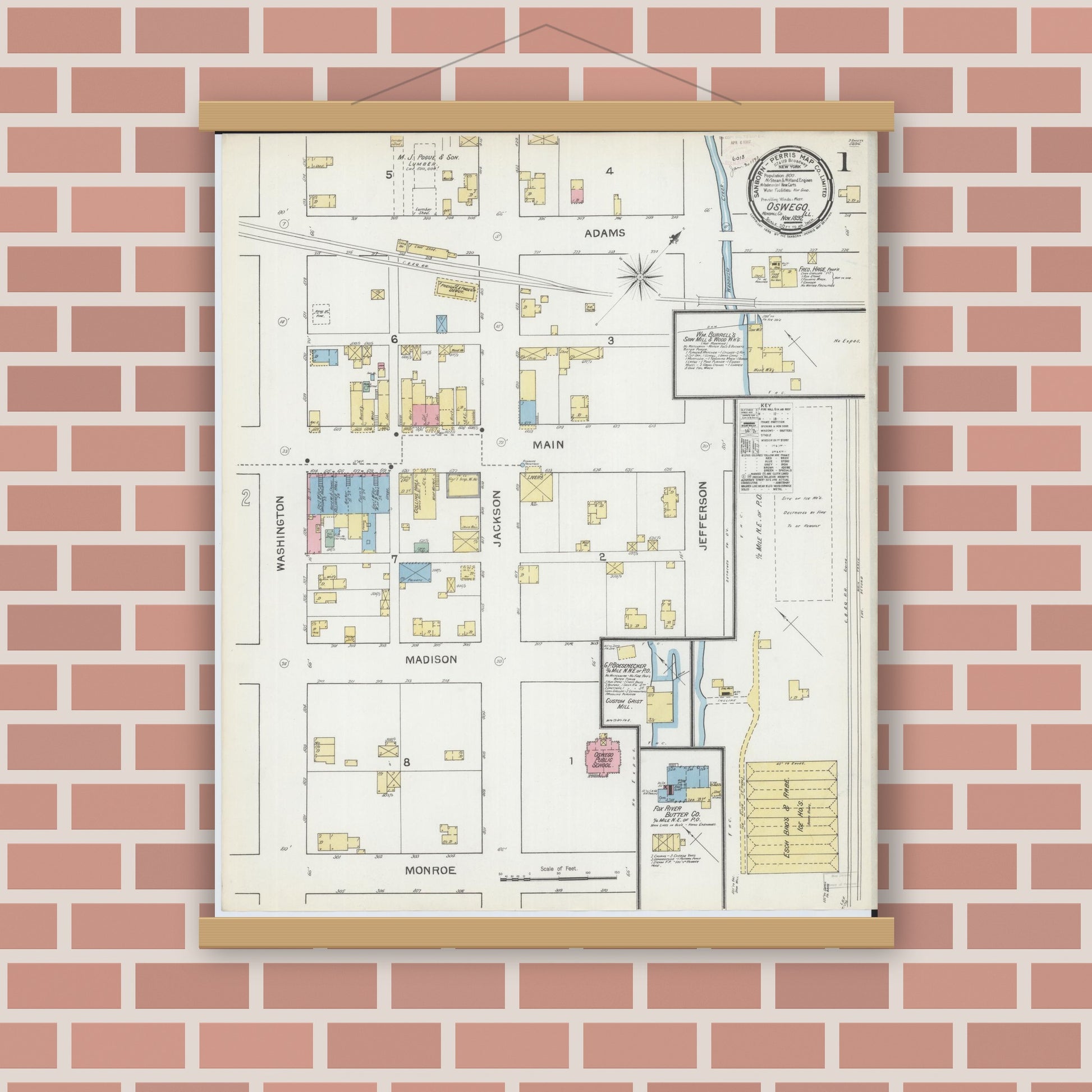 Old map wall art mockup — magnetic wood frame on brick wall — Sanborn Fire Insurance Map from Oswego, Kendall County, Illinois (1892), Sheet #0001