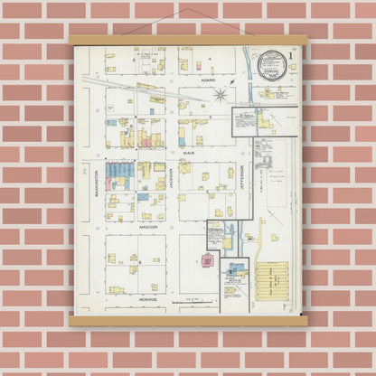 Old map wall art mockup — magnetic wood frame on brick wall — Sanborn Fire Insurance Map from Oswego, Kendall County, Illinois (1892), Sheet #0001