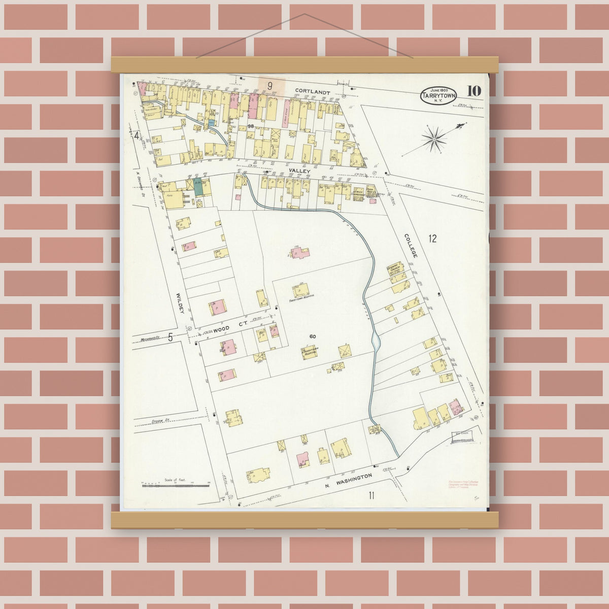 Old map wall art mockup — magnetic wood frame on brick wall — Sanborn Fire Insurance Map from Tarrytown, Westchester County, New York (1909), Sheet #0010
