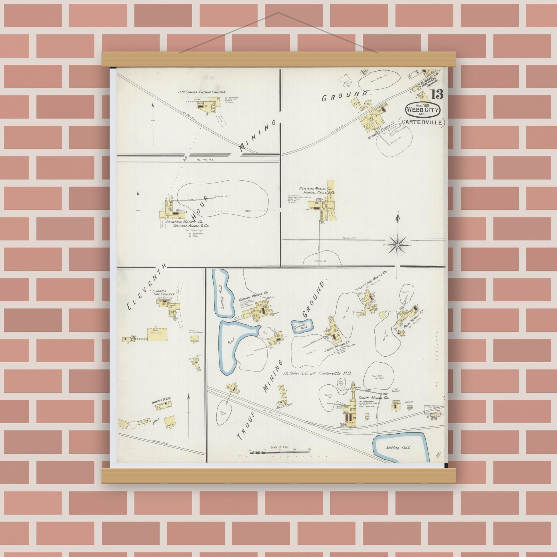 Old map wall art mockup — magnetic wood frame on brick wall — Sanborn Fire Insurance Map from Webb City, Jasper County, Missouri (1893), Sheet #0013