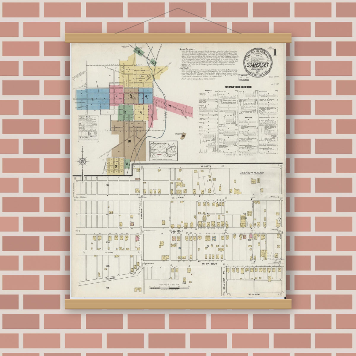 Old map wall art mockup — magnetic wood frame on brick wall — Sanborn Fire Insurance Map from Somerset, Somerset County, Pennsylvania (1917) - Complete Map Set