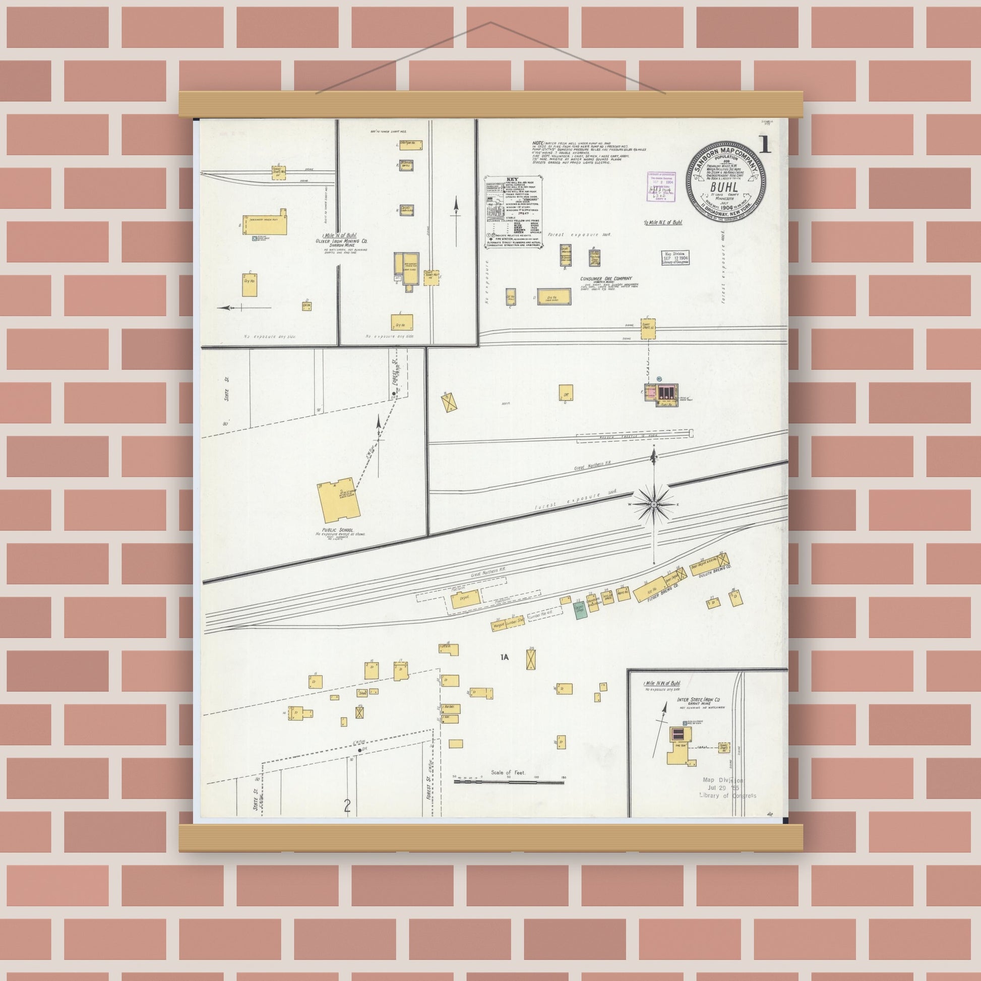 Old map wall art mockup — magnetic wood frame on brick wall — Sanborn Fire Insurance Map from Buhl, Saint Louis County, Minnesota (1904), Sheet #0001