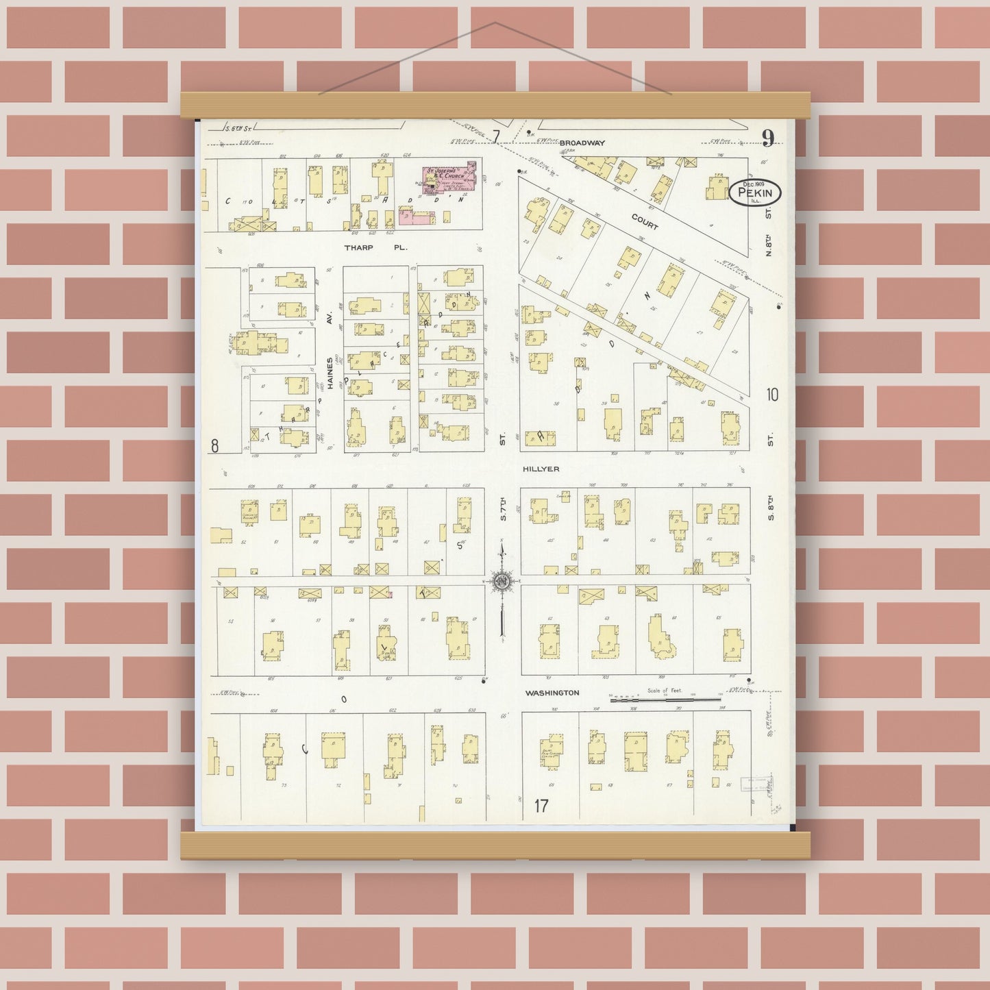 Old map wall art mockup — magnetic wood frame on brick wall — Sanborn Fire Insurance Map from Pekin, Tazewell County, Illinois (1909), Sheet #0009