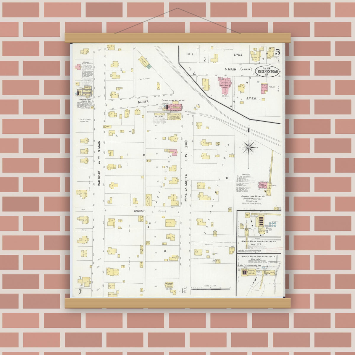 Old map wall art mockup — magnetic wood frame on brick wall — Sanborn Fire Insurance Map from Fredericktown, Madison County, Missouri (1908), Sheet #0005