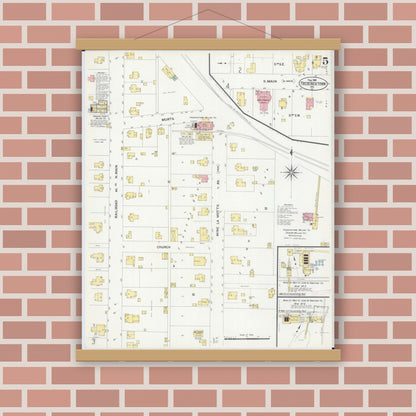 Old map wall art mockup — magnetic wood frame on brick wall — Sanborn Fire Insurance Map from Fredericktown, Madison County, Missouri (1908), Sheet #0005