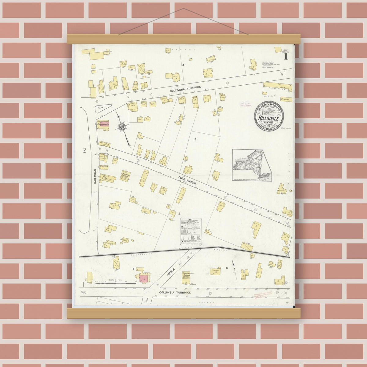 Old map wall art mockup — magnetic wood frame on brick wall — Sanborn Fire Insurance Map from Hillsdale, Columbia County, New York (1912) - Complete Map Set