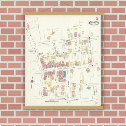 Old map wall art mockup — magnetic wood frame on brick wall — Sanborn Fire Insurance Map from Kennett Square, Chester County, Pennsylvania (1914), Sheet #0003