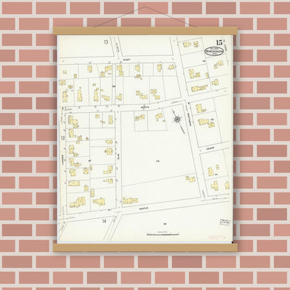 Old map wall art mockup — magnetic wood frame on brick wall — Sanborn Fire Insurance Map from Winchendon, Worcester County, Massachusetts (1909), Sheet #0015