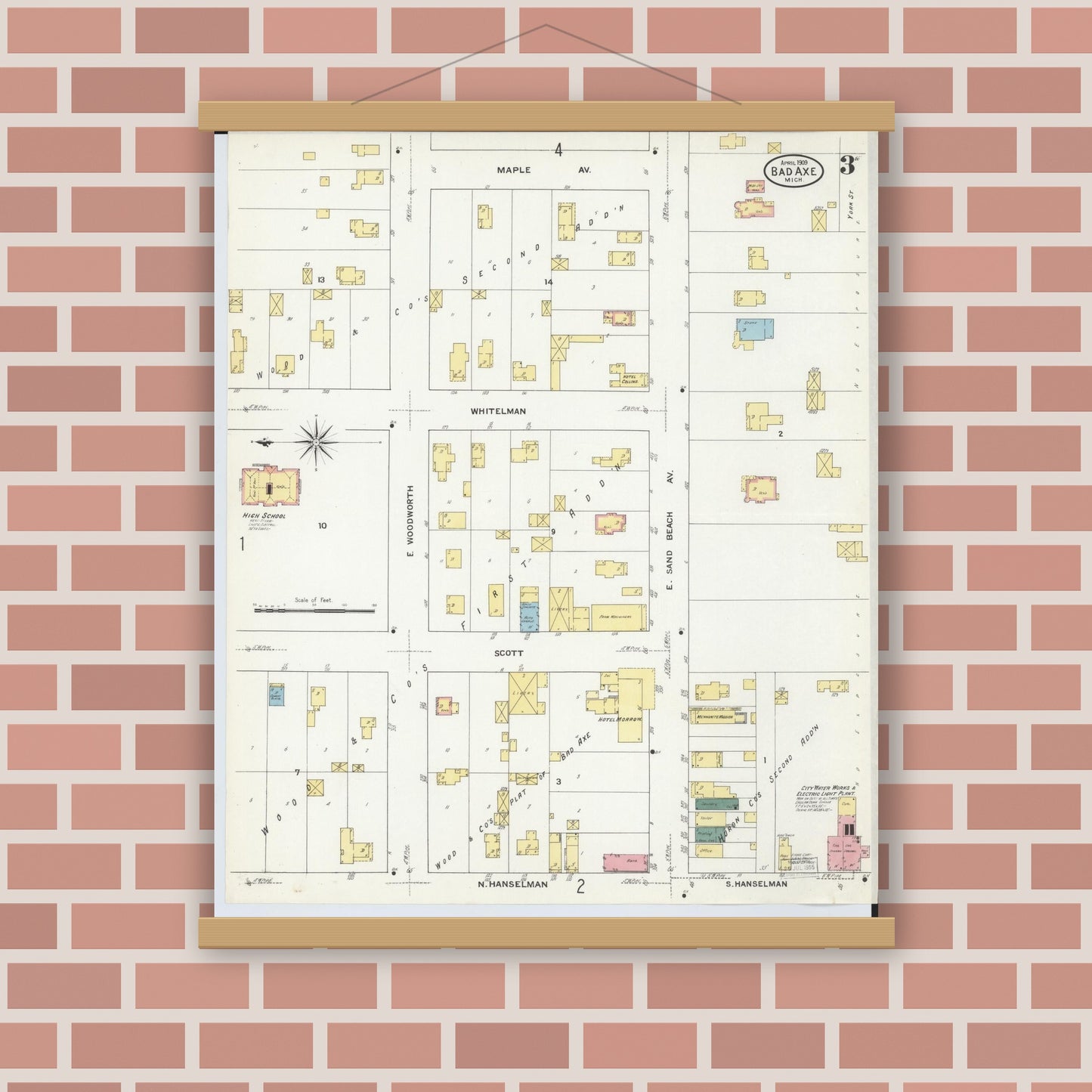 Old map wall art mockup — magnetic wood frame on brick wall — Sanborn Fire Insurance Map from Bad Axe, Huron County, Michigan (1909), Sheet #0003