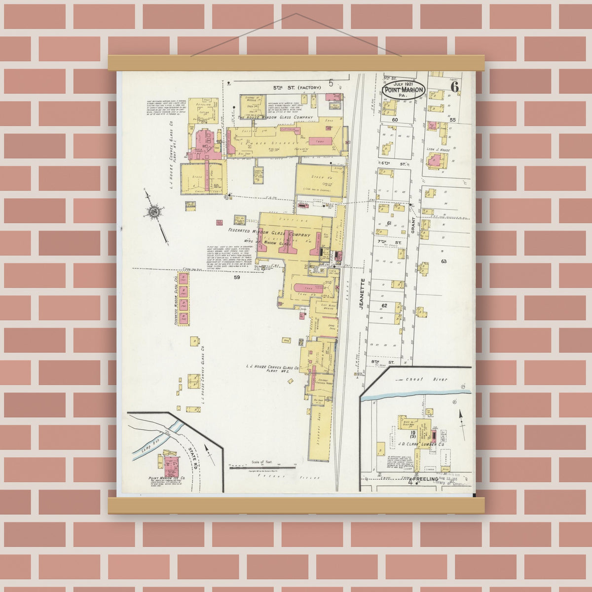 Old map wall art mockup — magnetic wood frame on brick wall — Sanborn Fire Insurance Map from Point Marion, Fayette County, Pennsylvania (1921), Sheet #0006