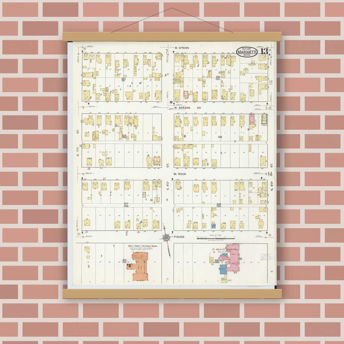 Old map wall art mockup — magnetic wood frame on brick wall — Sanborn Fire Insurance Map from Marquette, Marquette County, Michigan (1917), Sheet #0013