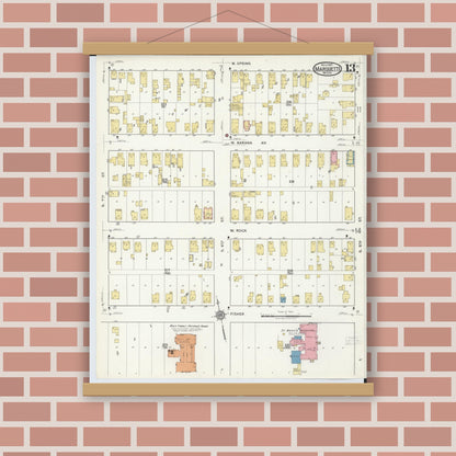 Old map wall art mockup — magnetic wood frame on brick wall — Sanborn Fire Insurance Map from Marquette, Marquette County, Michigan (1917), Sheet #0013