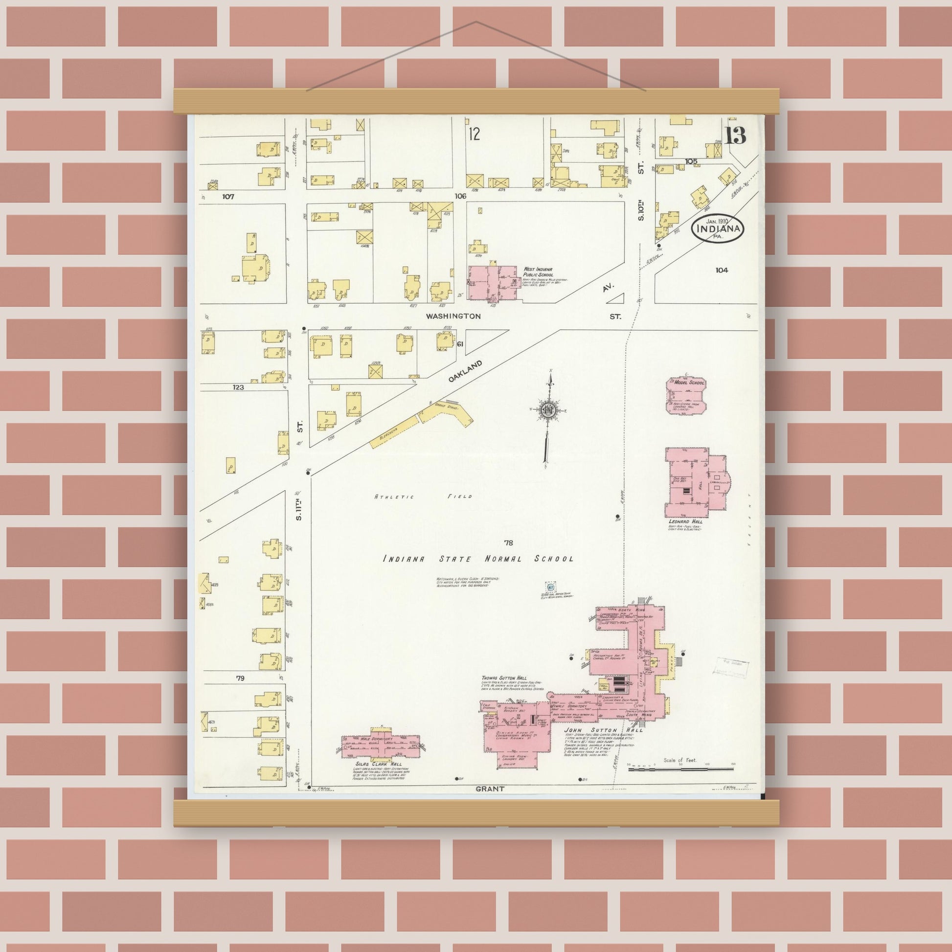 Old map wall art mockup — magnetic wood frame on brick wall — Sanborn Fire Insurance Map from Indiana, Indiana County, Pennsylvania (1910), Sheet #0013