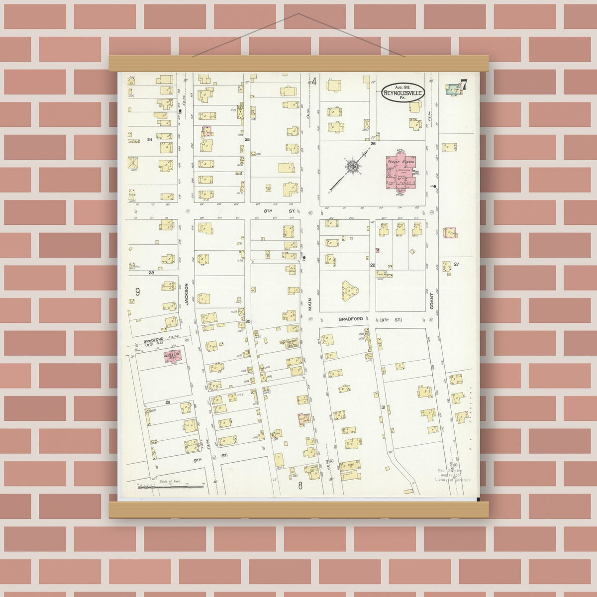 Old map wall art mockup — magnetic wood frame on brick wall — Sanborn Fire Insurance Map from Reynoldsville, Jefferson County, Pennsylvania (1912), Sheet #0007