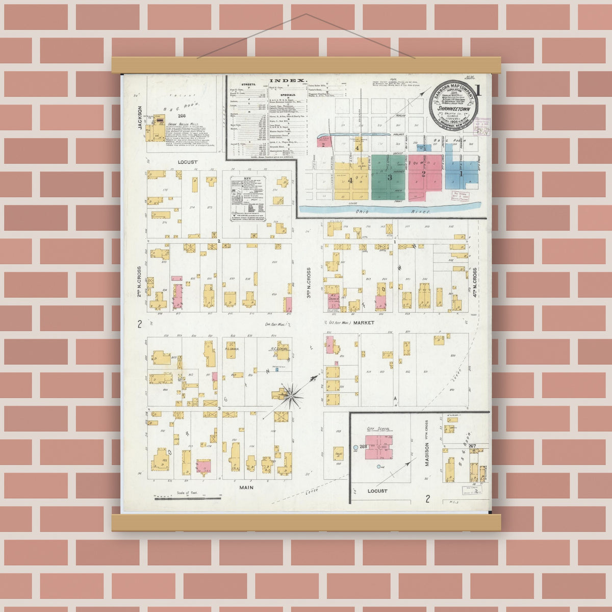 Old map wall art mockup — magnetic wood frame on brick wall — Sanborn Fire Insurance Map from Shawneetown, Gallatin County, Illinois (1906), Sheet #0001