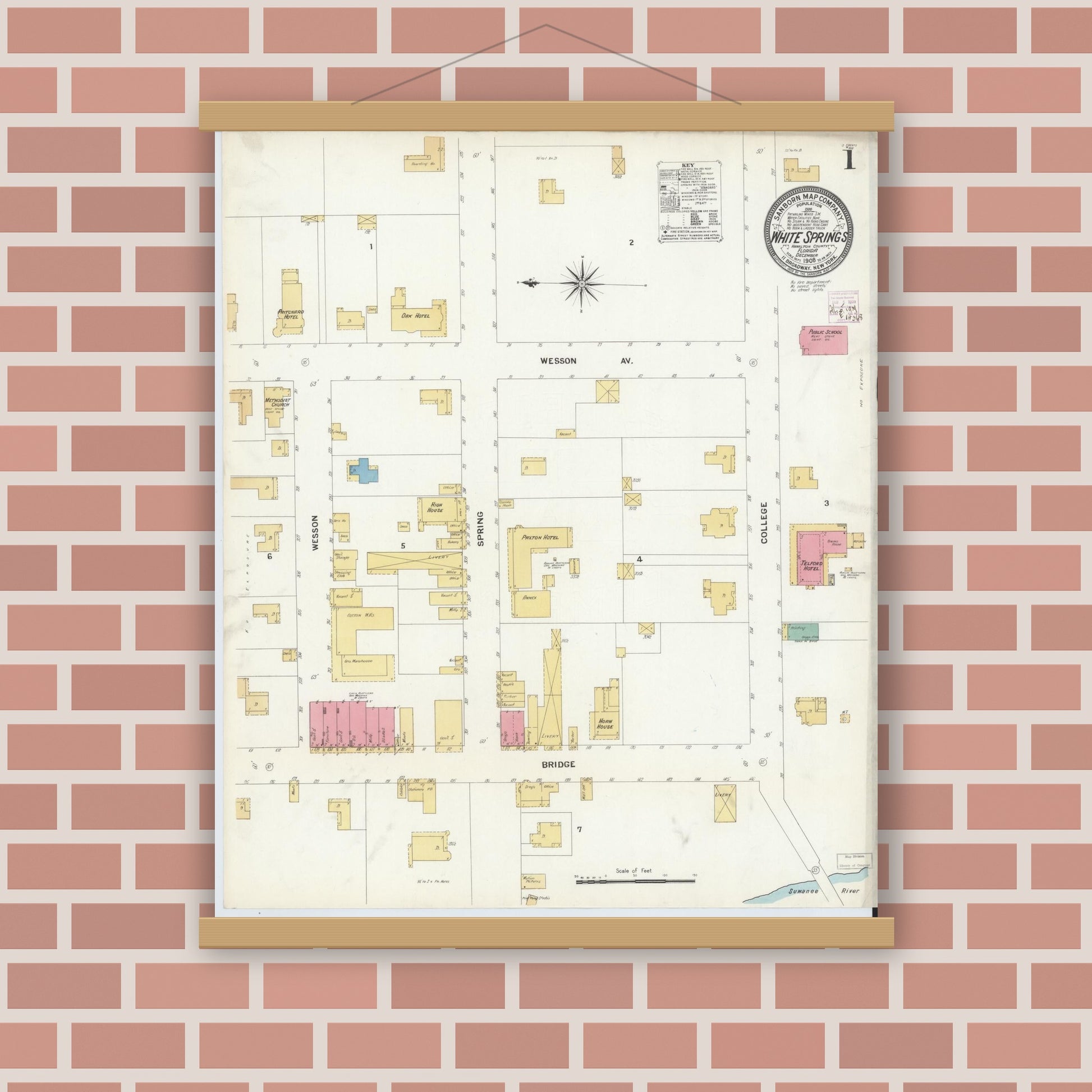Old map wall art mockup — magnetic wood frame on brick wall — Sanborn Fire Insurance Map from White Springs, Hamilton County, Florida (1908), Sheet #0001