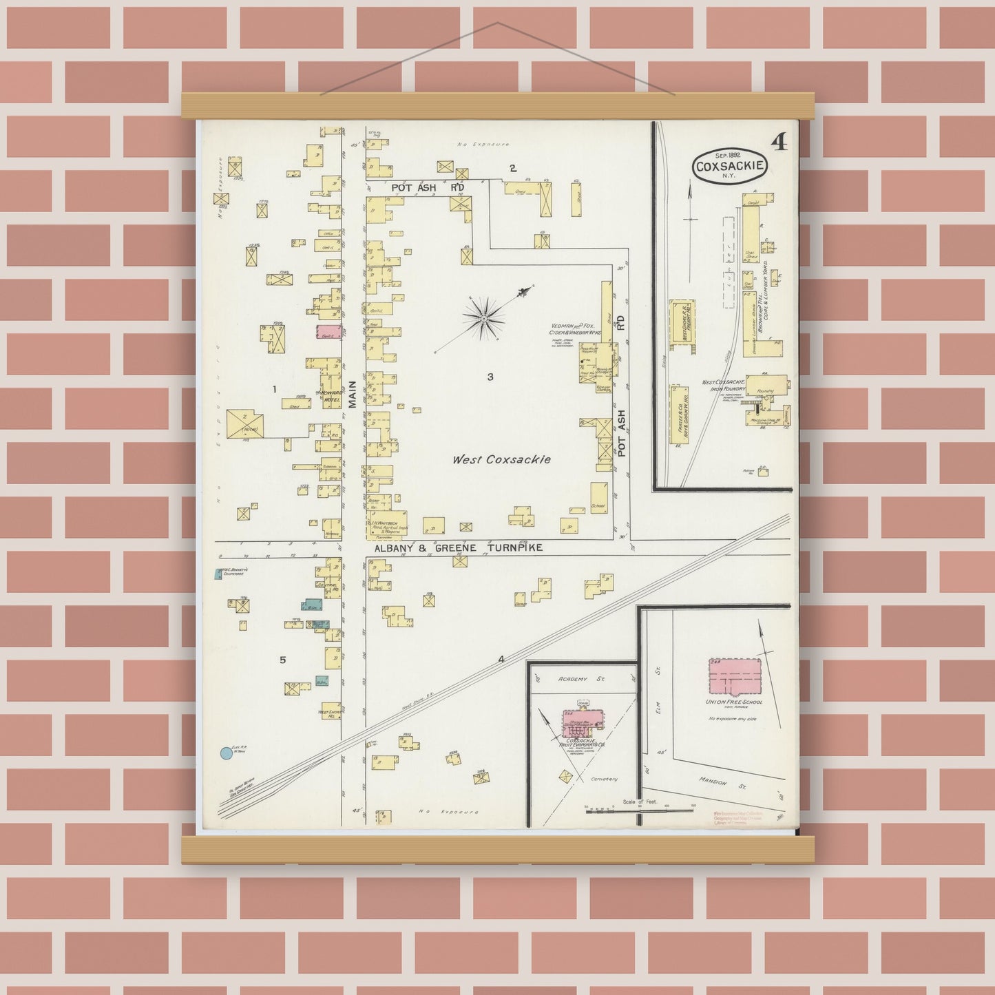 Old map wall art mockup — magnetic wood frame on brick wall — Sanborn Fire Insurance Map from Coxsackie, Greene County, New York (1892), Sheet #0004