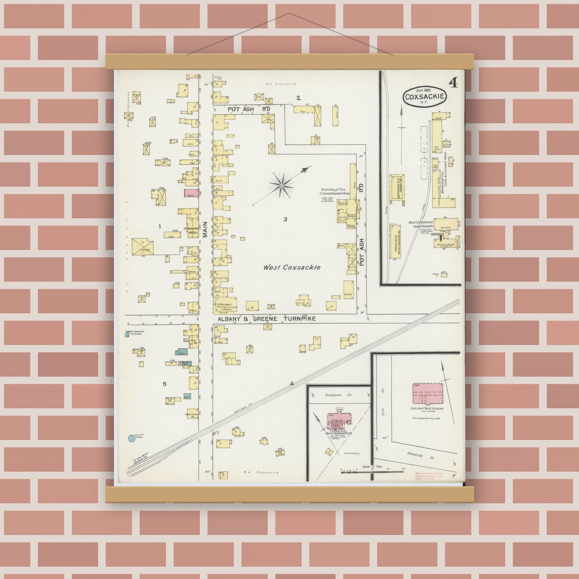Old map wall art mockup — magnetic wood frame on brick wall — Sanborn Fire Insurance Map from Coxsackie, Greene County, New York (1892), Sheet #0004