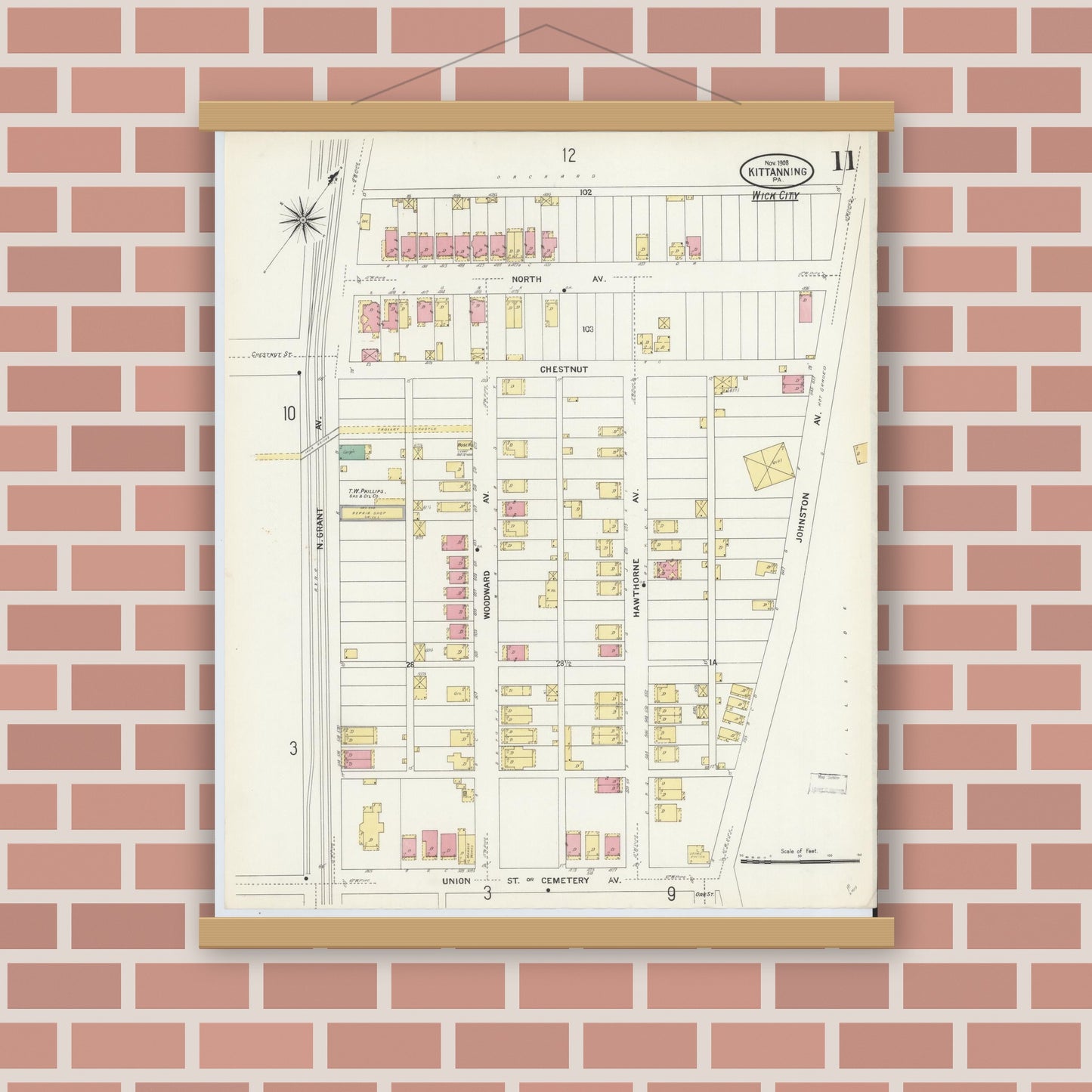Old map wall art mockup — magnetic wood frame on brick wall — Sanborn Fire Insurance Map from Kittanning, Armstrong County, Pennsylvania (1909), Sheet #0011