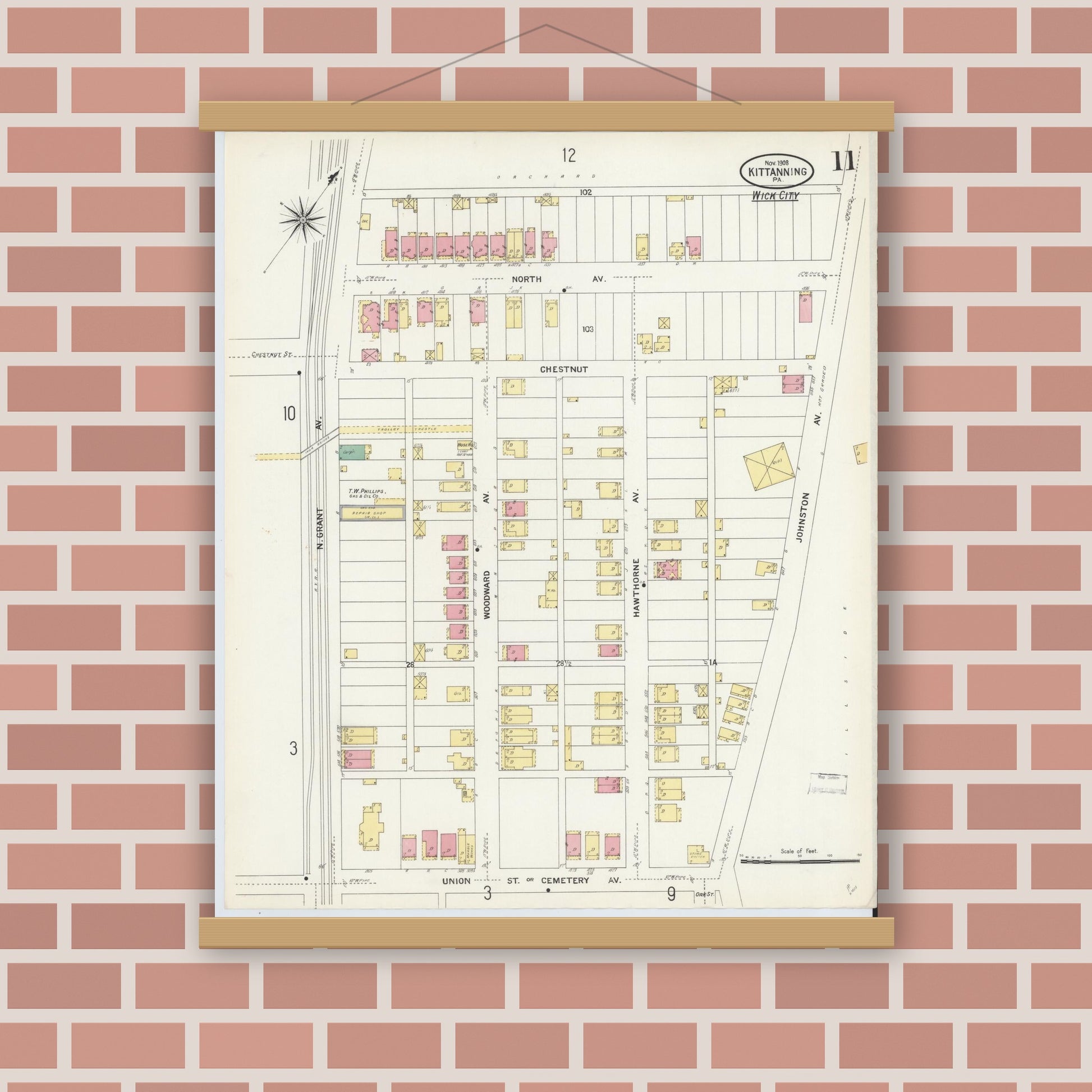 Old map wall art mockup — magnetic wood frame on brick wall — Sanborn Fire Insurance Map from Kittanning, Armstrong County, Pennsylvania (1909), Sheet #0011