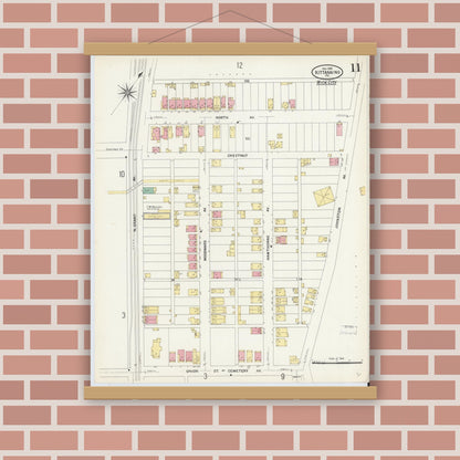 Old map wall art mockup — magnetic wood frame on brick wall — Sanborn Fire Insurance Map from Kittanning, Armstrong County, Pennsylvania (1909), Sheet #0011