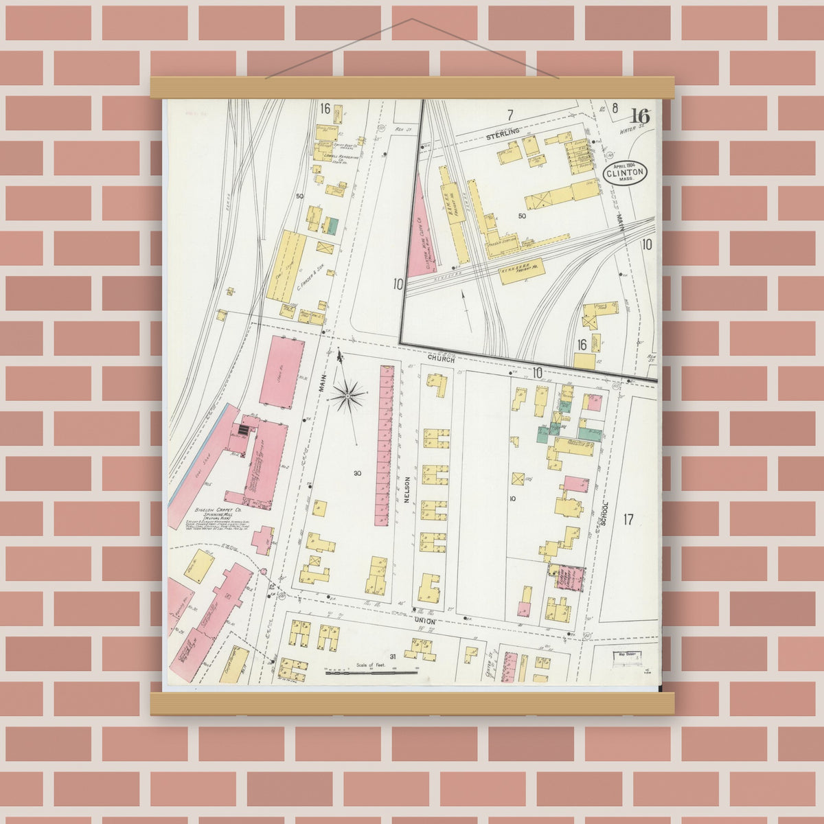 Old map wall art mockup — magnetic wood frame on brick wall — Sanborn Fire Insurance Map from Clinton, Worcester County, Massachusetts (1904), Sheet #0016
