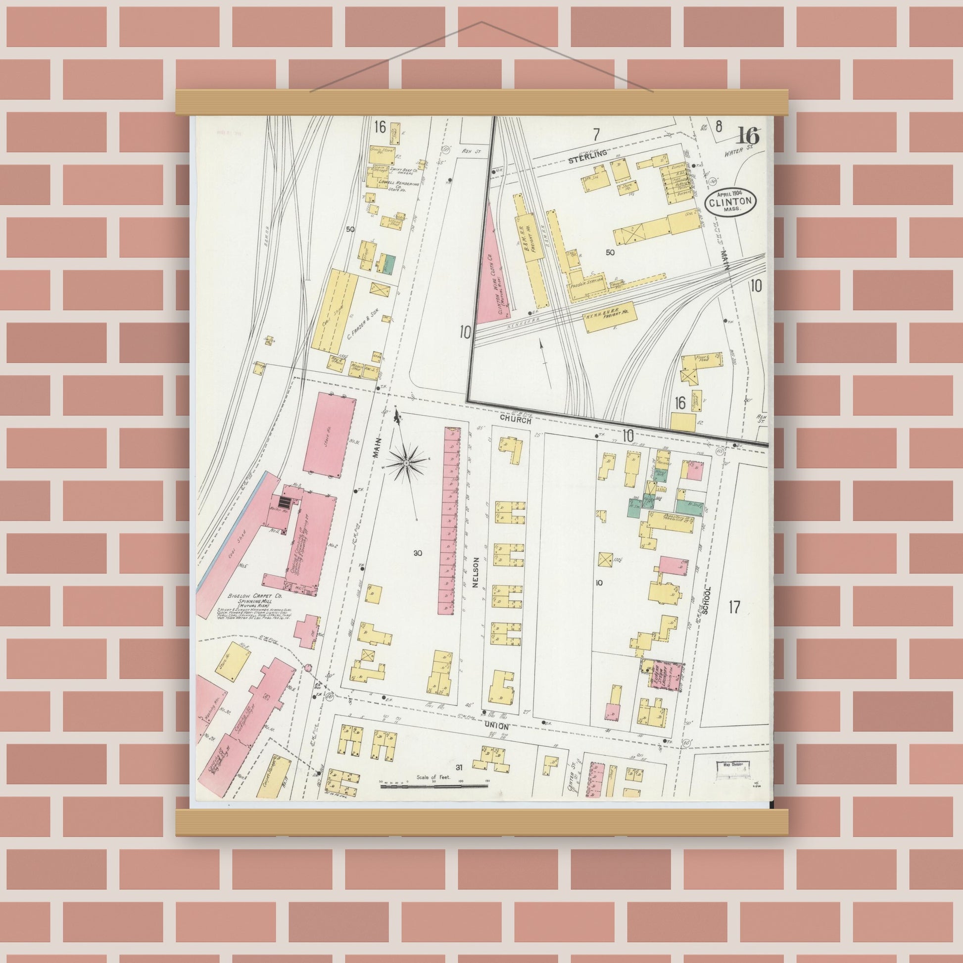 Old map wall art mockup — magnetic wood frame on brick wall — Sanborn Fire Insurance Map from Clinton, Worcester County, Massachusetts (1904), Sheet #0016