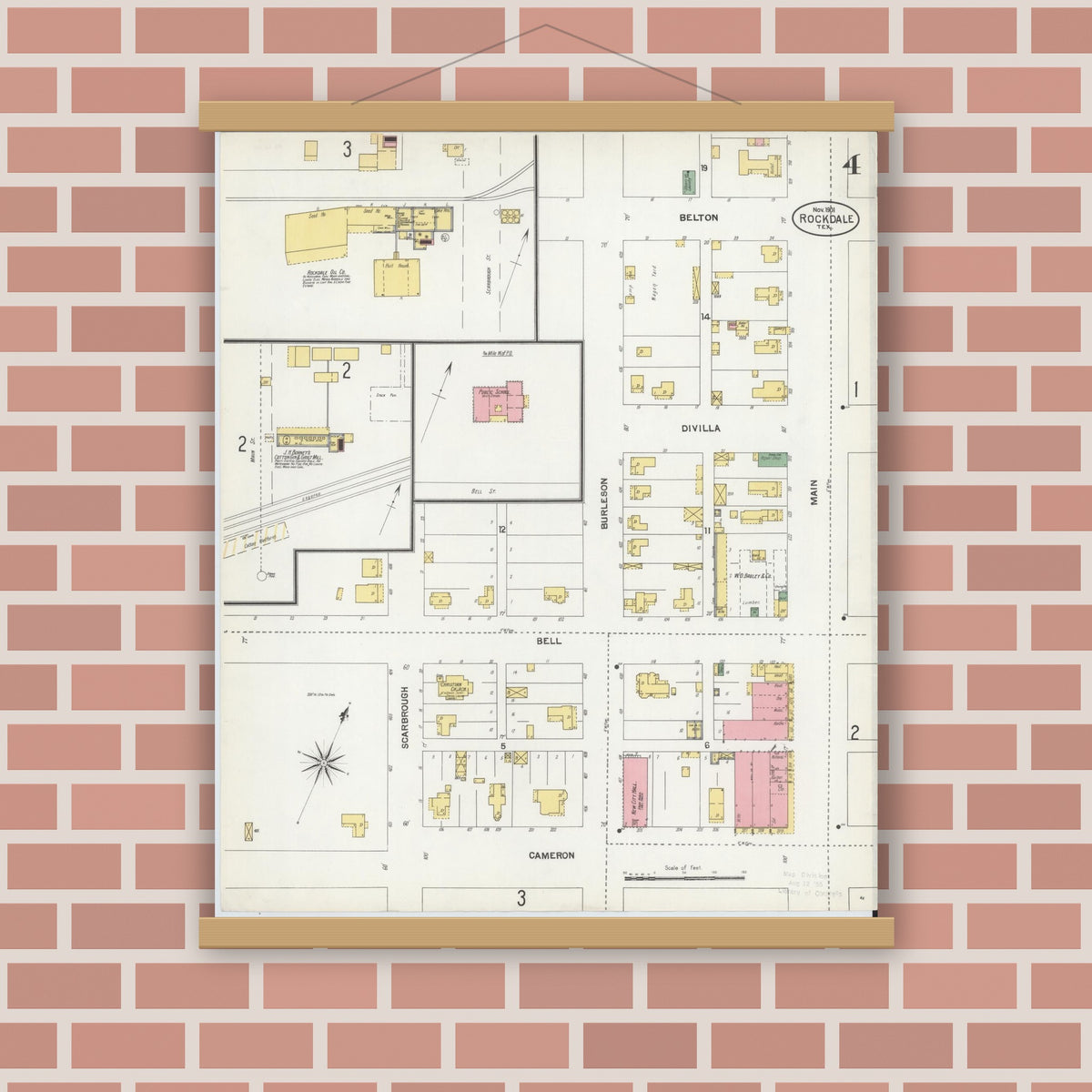 Old map wall art mockup — magnetic wood frame on brick wall — Sanborn Fire Insurance Map from Rockdale, Milam County, Texas (1901), Sheet #0004