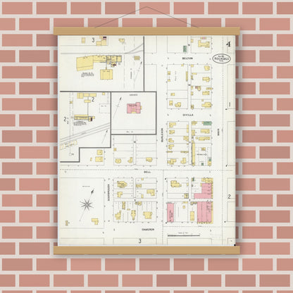 Old map wall art mockup — magnetic wood frame on brick wall — Sanborn Fire Insurance Map from Rockdale, Milam County, Texas (1901), Sheet #0004