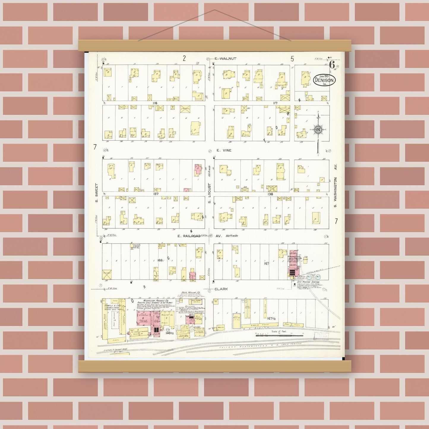 Old map wall art mockup — magnetic wood frame on brick wall — Sanborn Fire Insurance Map from Denison, Crawford County, Iowa (1913), Sheet #0006
