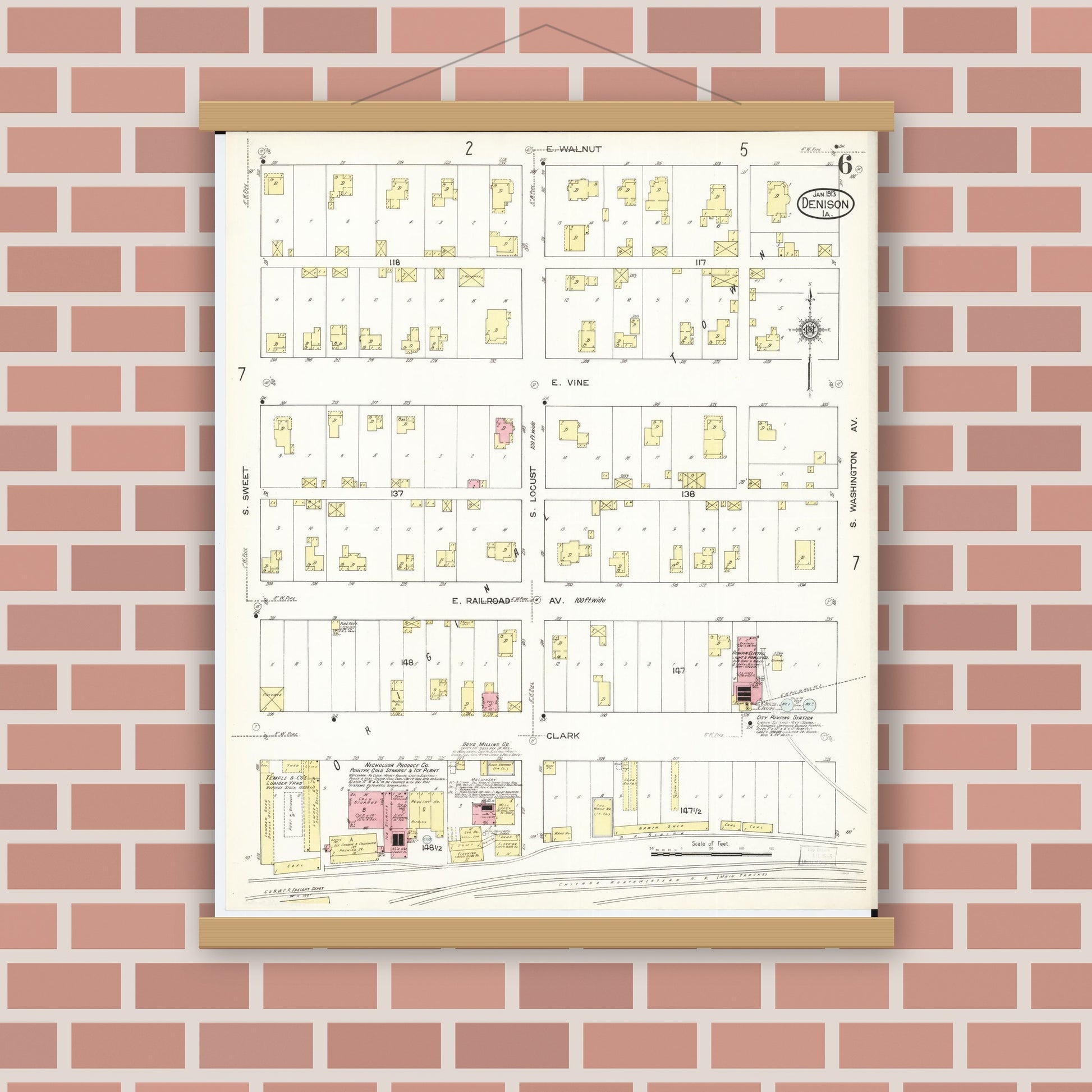 Old map wall art mockup — magnetic wood frame on brick wall — Sanborn Fire Insurance Map from Denison, Crawford County, Iowa (1913), Sheet #0006