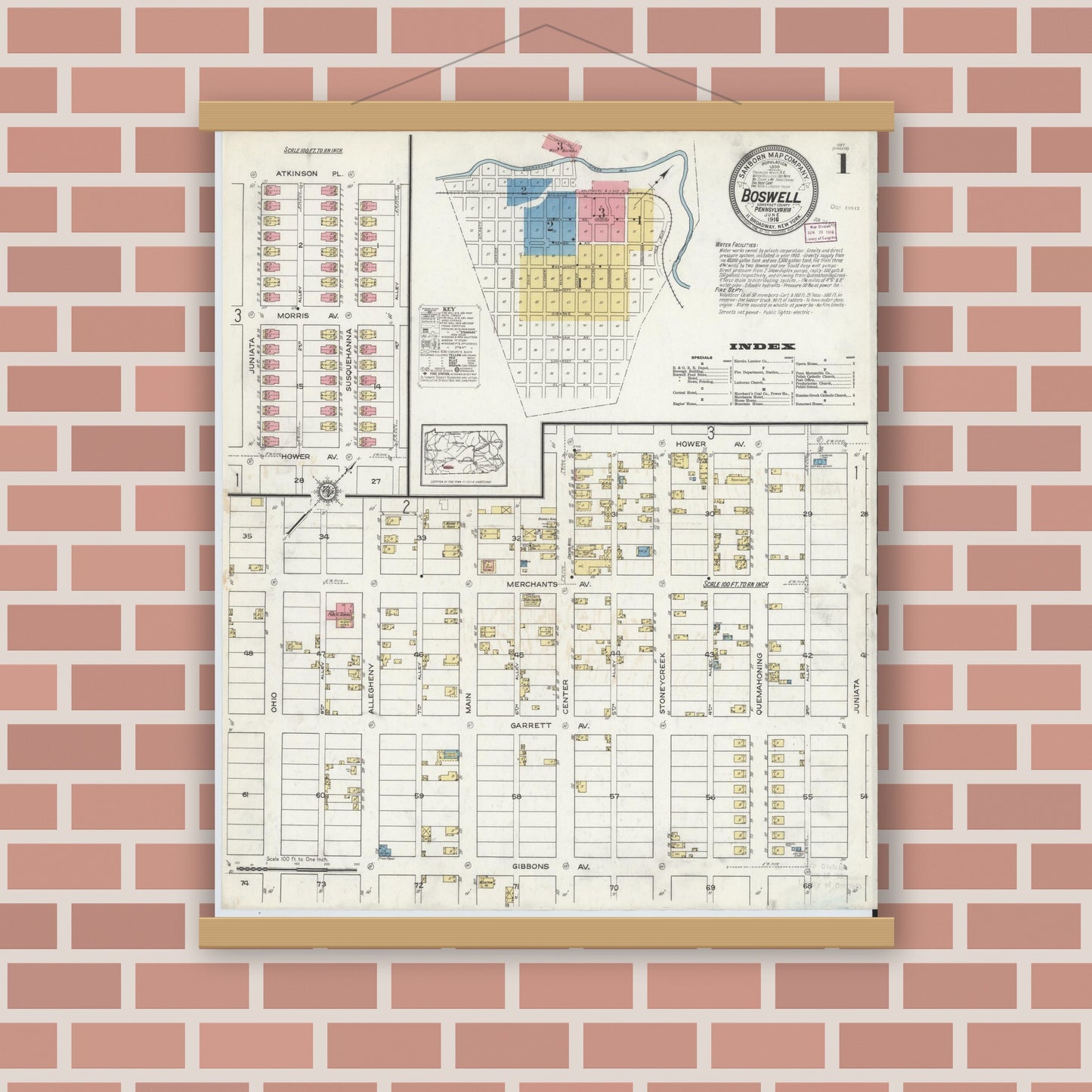 Old map wall art mockup — magnetic wood frame on brick wall — Sanborn Fire Insurance Map from Boswell, Somerset County, Pennsylvania (1916) - Complete Map Set
