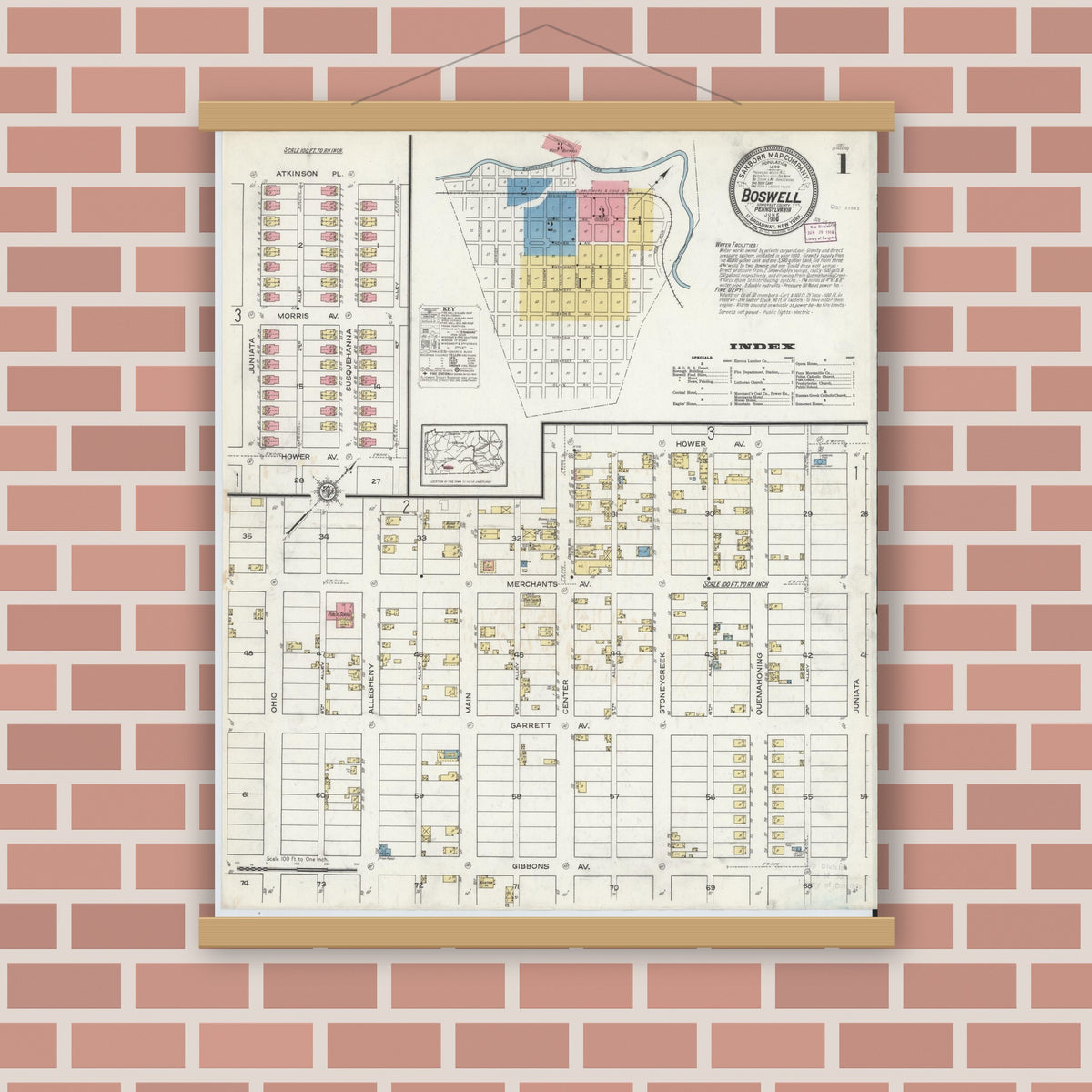 Old map wall art mockup — magnetic wood frame on brick wall — Sanborn Fire Insurance Map from Boswell, Somerset County, Pennsylvania (1916) - Complete Map Set