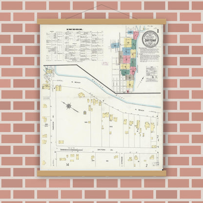Old map wall art mockup — magnetic wood frame on brick wall — Sanborn Fire Insurance Map from Daytona, Volusia County, Florida (1912) - Complete Map Set