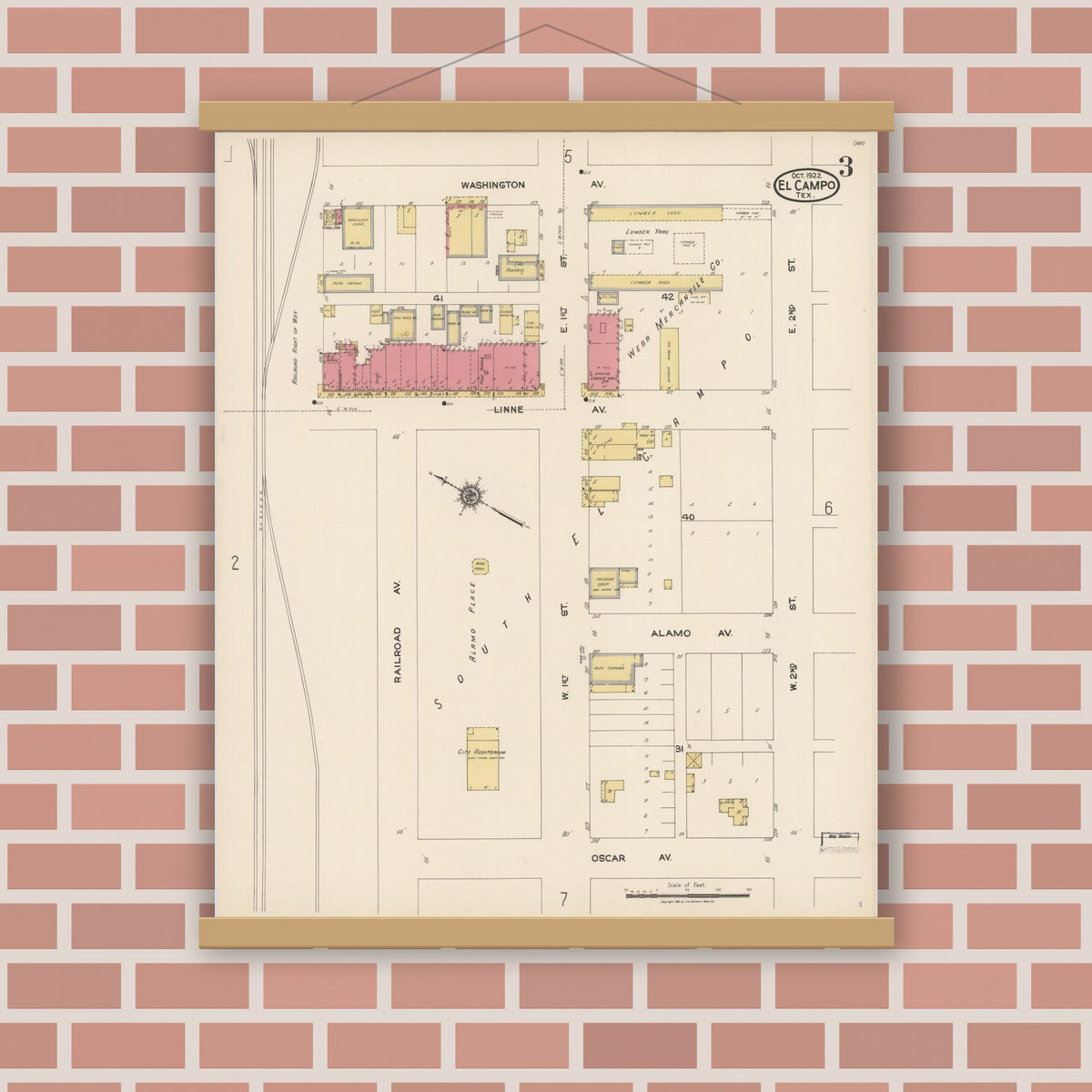 Old map wall art mockup — magnetic wood frame on brick wall — Sanborn Fire Insurance Map from El Campo, Wharton County, Texas (1922), Sheet #0003