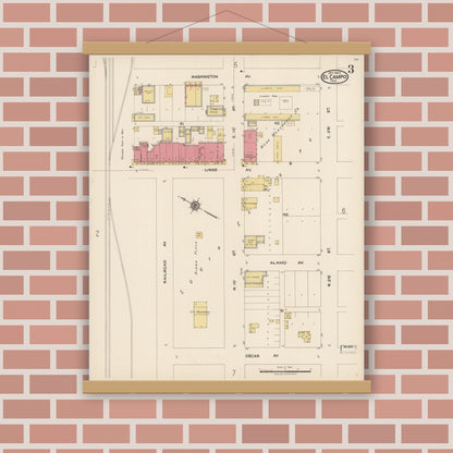 Old map wall art mockup — magnetic wood frame on brick wall — Sanborn Fire Insurance Map from El Campo, Wharton County, Texas (1922), Sheet #0003