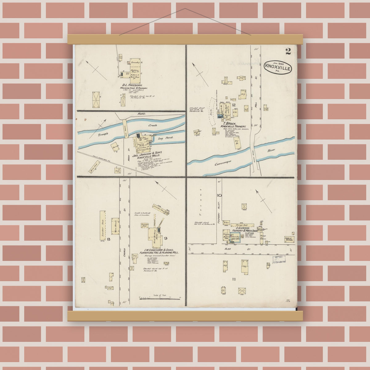 Old map wall art mockup — magnetic wood frame on brick wall — Sanborn Fire Insurance Map from Knoxville, Tioga County, Pennsylvania (1886), Sheet #0002