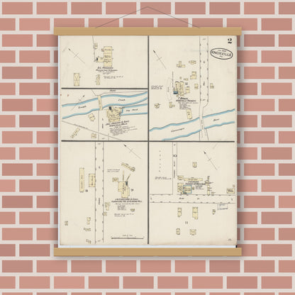 Old map wall art mockup — magnetic wood frame on brick wall — Sanborn Fire Insurance Map from Knoxville, Tioga County, Pennsylvania (1886), Sheet #0002