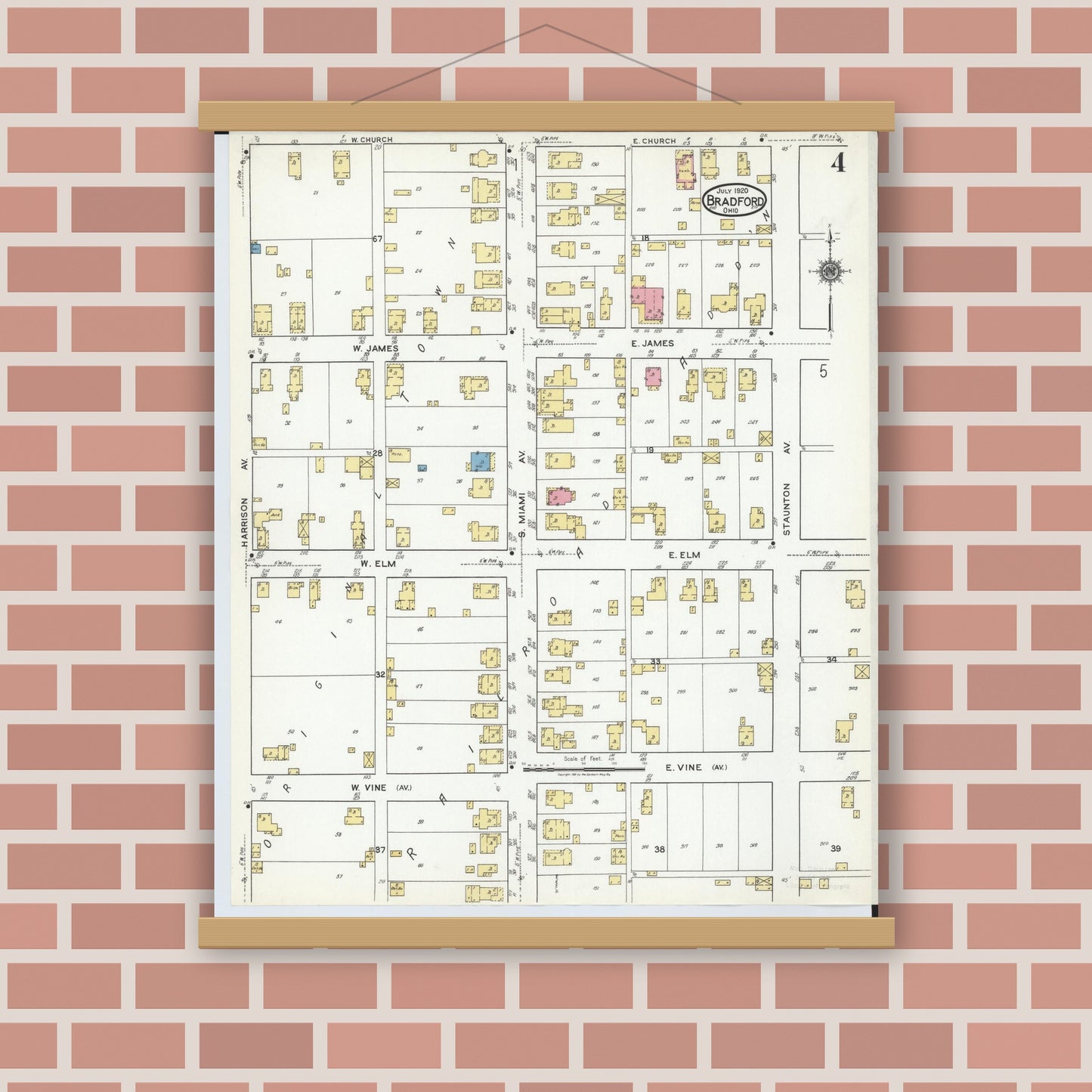 Old map wall art mockup — magnetic wood frame on brick wall — Sanborn Fire Insurance Map from Bradford, Darke and Miami Counties, Ohio (1920), Sheet #0004